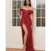 Cinderella Divine Glamorous Red Off Shoulder Sequin Prom Gown