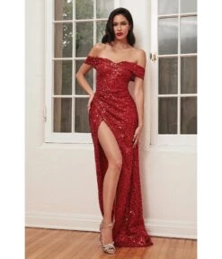 Cinderella Divine Glamorous Red Off Shoulder Sequin Prom Gown
