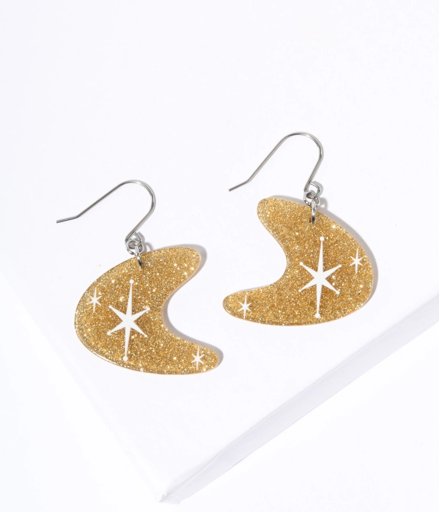 Gold Glitter Atomic Boomerang Dangle Earrings 3 Gold Glitter Atomic Boomerang Dangle Earrings - Image 3
