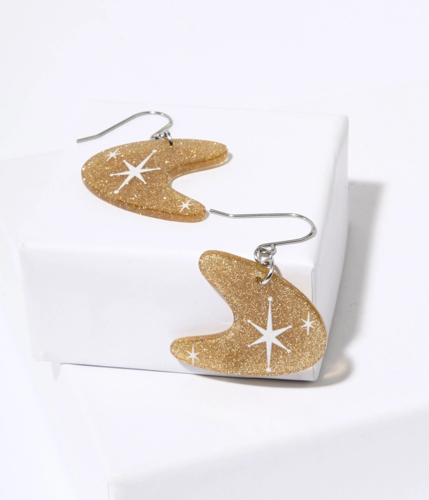 Gold Glitter Atomic Boomerang Dangle Earrings 2 Gold Glitter Atomic Boomerang Dangle Earrings - Image 2