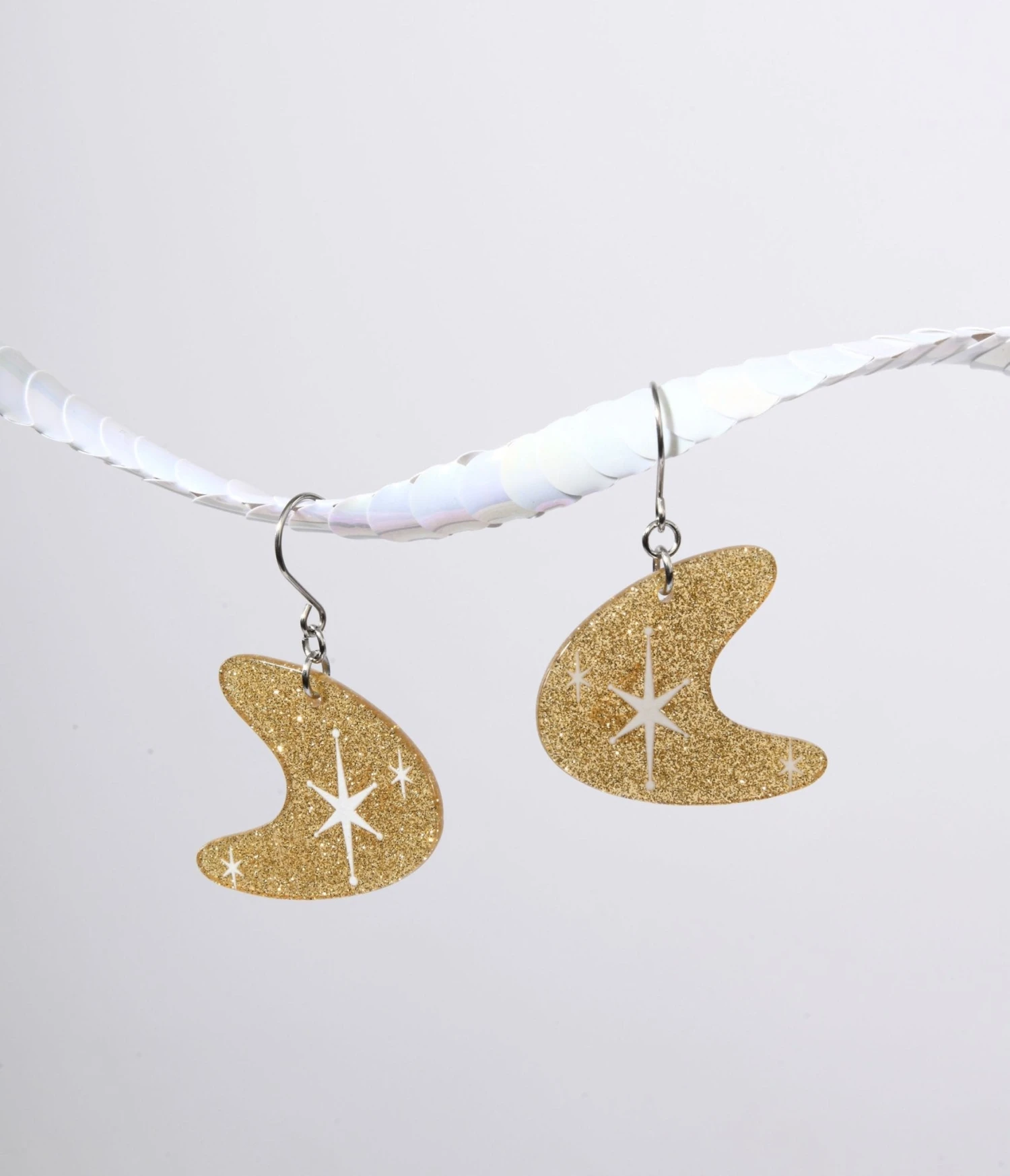 Gold Glitter Atomic Boomerang Dangle Earrings 1 Gold Glitter Atomic Boomerang Dangle Earrings