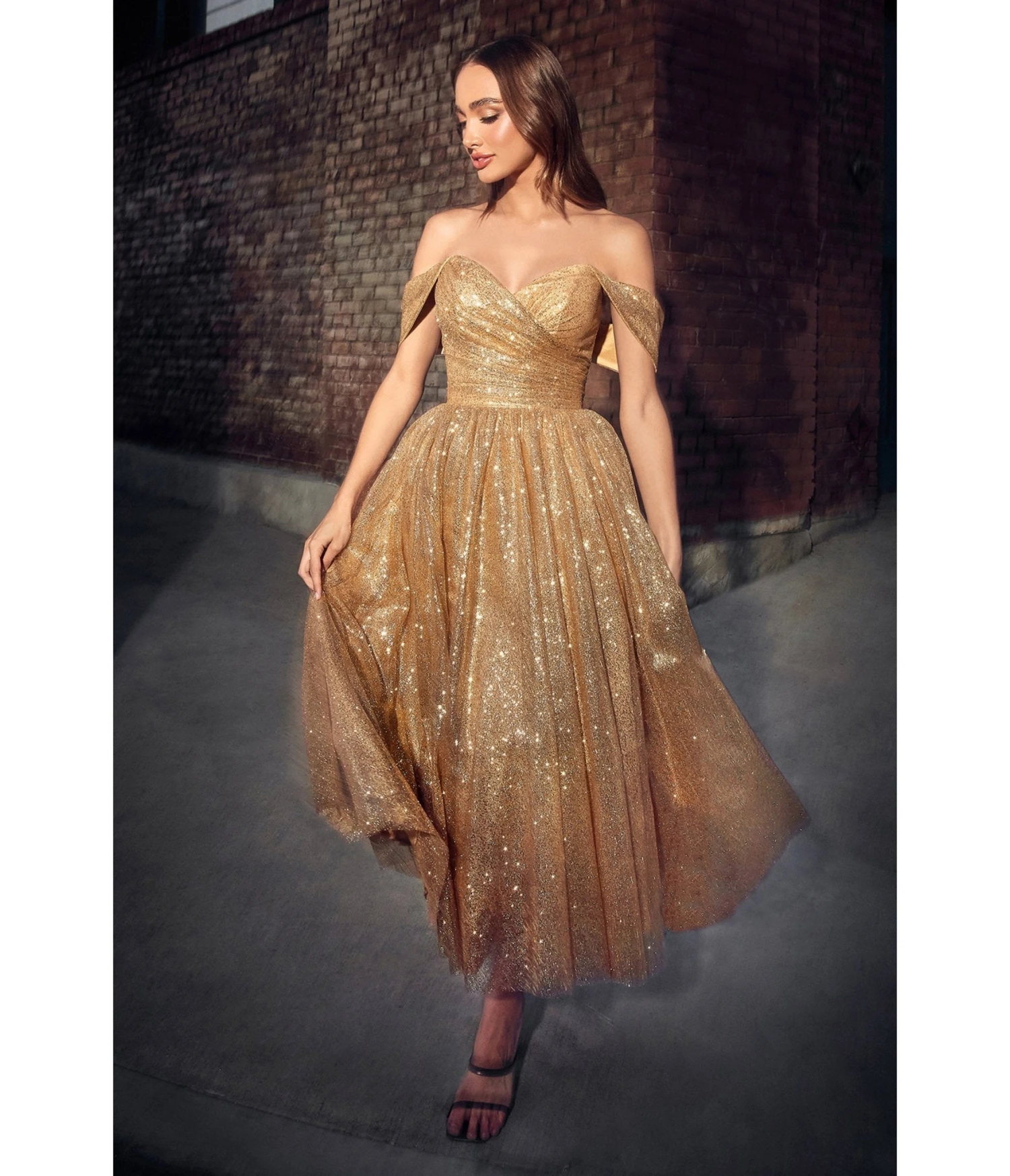 Cinderella Divine Gold Glitter Off The Shoulder Tea Length Dress 1 Cinderella Divine Gold Glitter Off The Shoulder Tea Length Dress