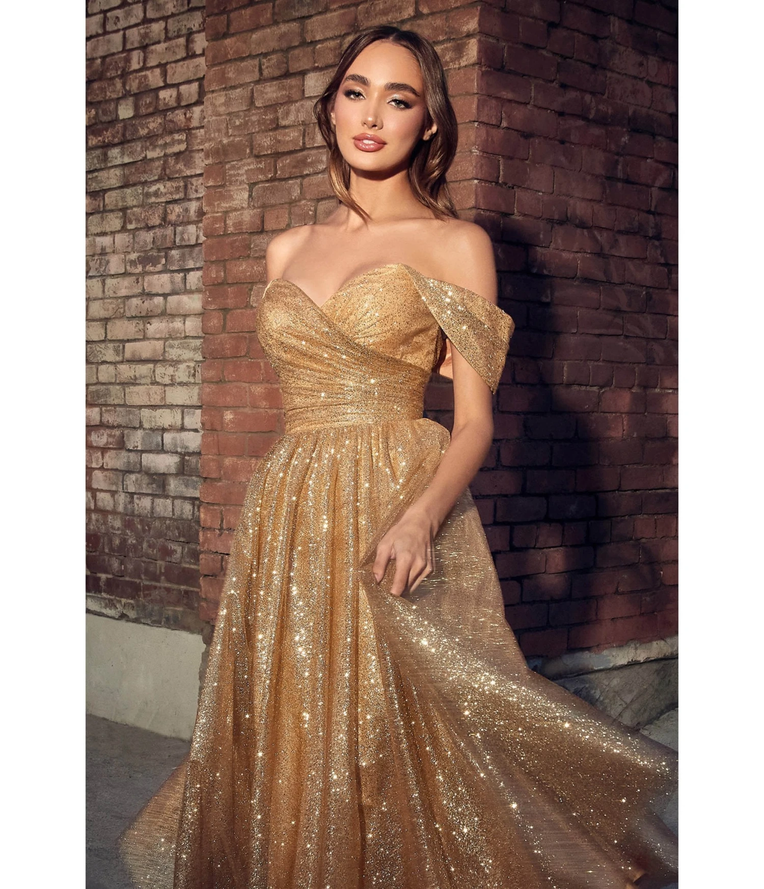 Cinderella Divine Gold Glitter Off The Shoulder Tea Length Dress 2 Cinderella Divine Gold Glitter Off The Shoulder Tea Length Dress - Image 2
