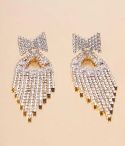 Gold & Rhinestone Bow Dangle Earrings -New Dress Store gold rhinestone bow dangle earrings 843751