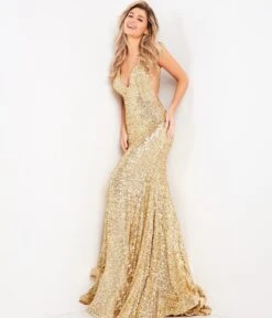 Jovani Gold Sequin Plunging Fitted Evening Gown -New Dress Store gold sequin plunging fitted evening gown 167169