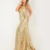 Jovani Gold Sequin Plunging Fitted Evening Gown