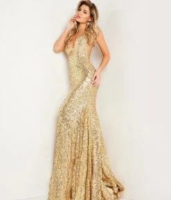 Jovani Gold Sequin Plunging Fitted Evening Gown