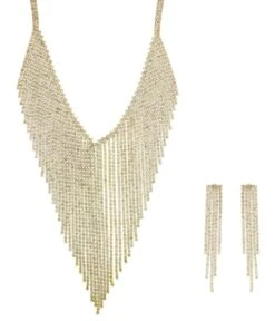 Gold & Silver Rhinestone Fringe Necklace & Earrings Set