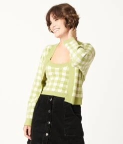 Green Gingham Crop Top & Cardigan Sweater Set -New Dress Store green gingham crop top cardigan sweater set 182925
