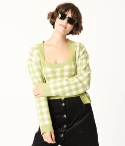 Green Gingham Crop Top & Cardigan Sweater Set