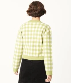 Green Gingham Crop Top & Cardigan Sweater Set -New Dress Store green gingham crop top cardigan sweater set 660178