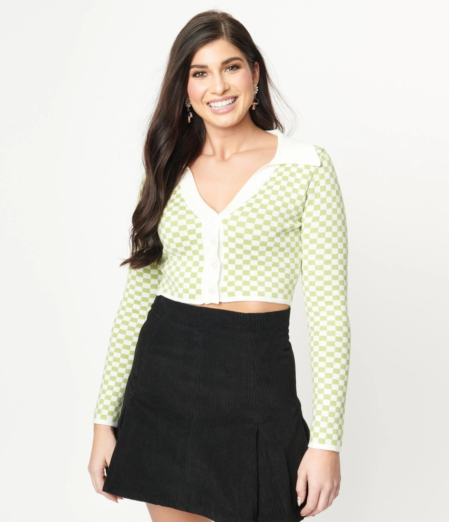 Green & Ivory Check Crop Cardigan 4 Green & Ivory Check Crop Cardigan - Image 4