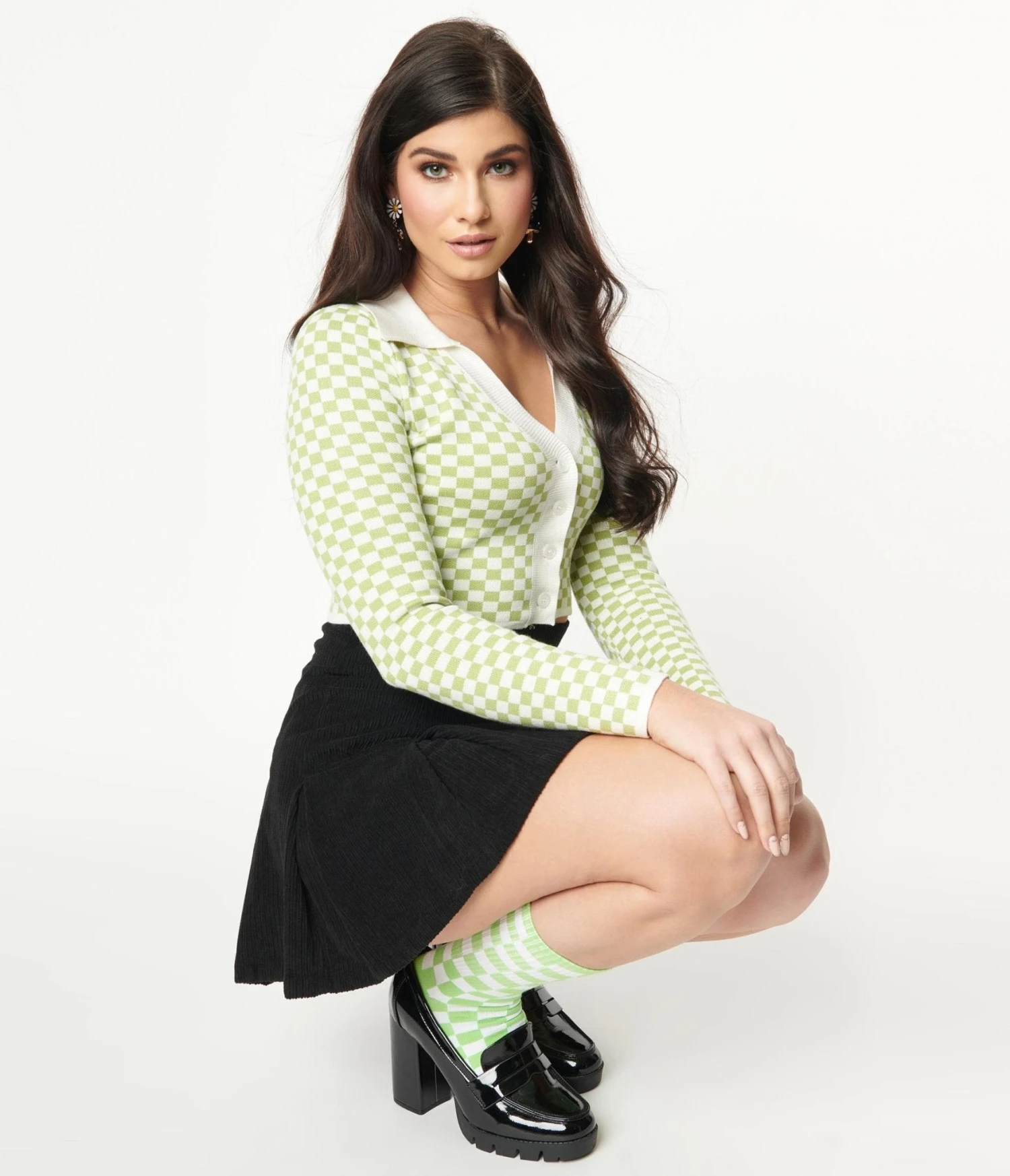 Green & Ivory Check Crop Cardigan 1 Green & Ivory Check Crop Cardigan