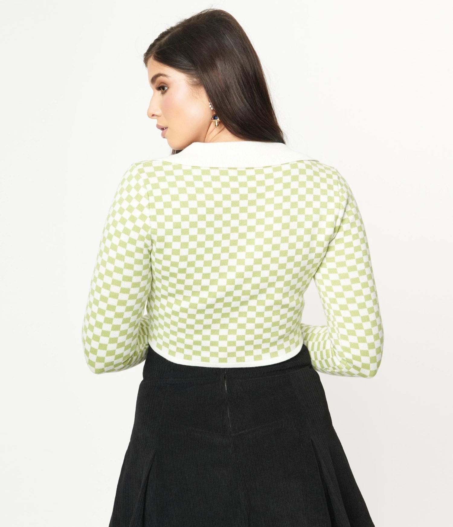 Green & Ivory Check Crop Cardigan 2 Green & Ivory Check Crop Cardigan - Image 2