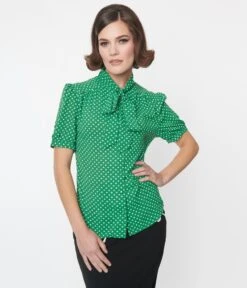 Green & White Polka Dot Bow Top -New Dress Store green white polka dot bow top 729352
