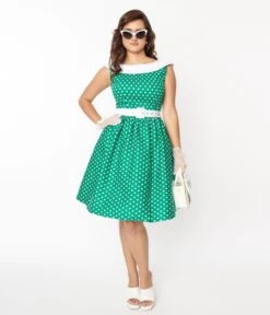 Green & White Polka Dot Cindy Swing Dress