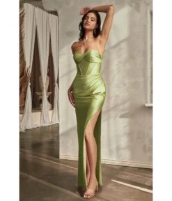 Cinderella Divine Greenery Satin Strapless Corset Lace Up Back Evening Gown