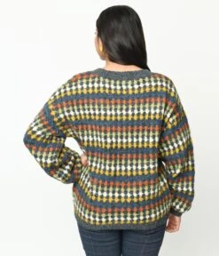 Grey & Multicolor Diamond Knit Sweater -New Dress Store grey multicolor diamond knit sweater 115304