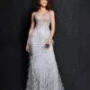 Jovani Grey & Silver Feather Embellished Evening Gown