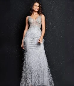 Jovani Grey & Silver Feather Embellished Evening Gown