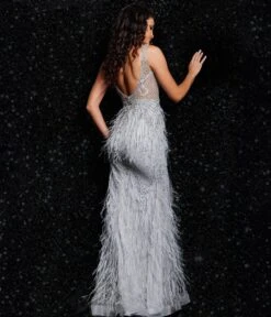 Jovani Grey & Silver Feather Embellished Evening Gown 7 Jovani Grey & Silver Feather Embellished Evening Gown -New Dress Store grey silver feather embellished evening gown 302600