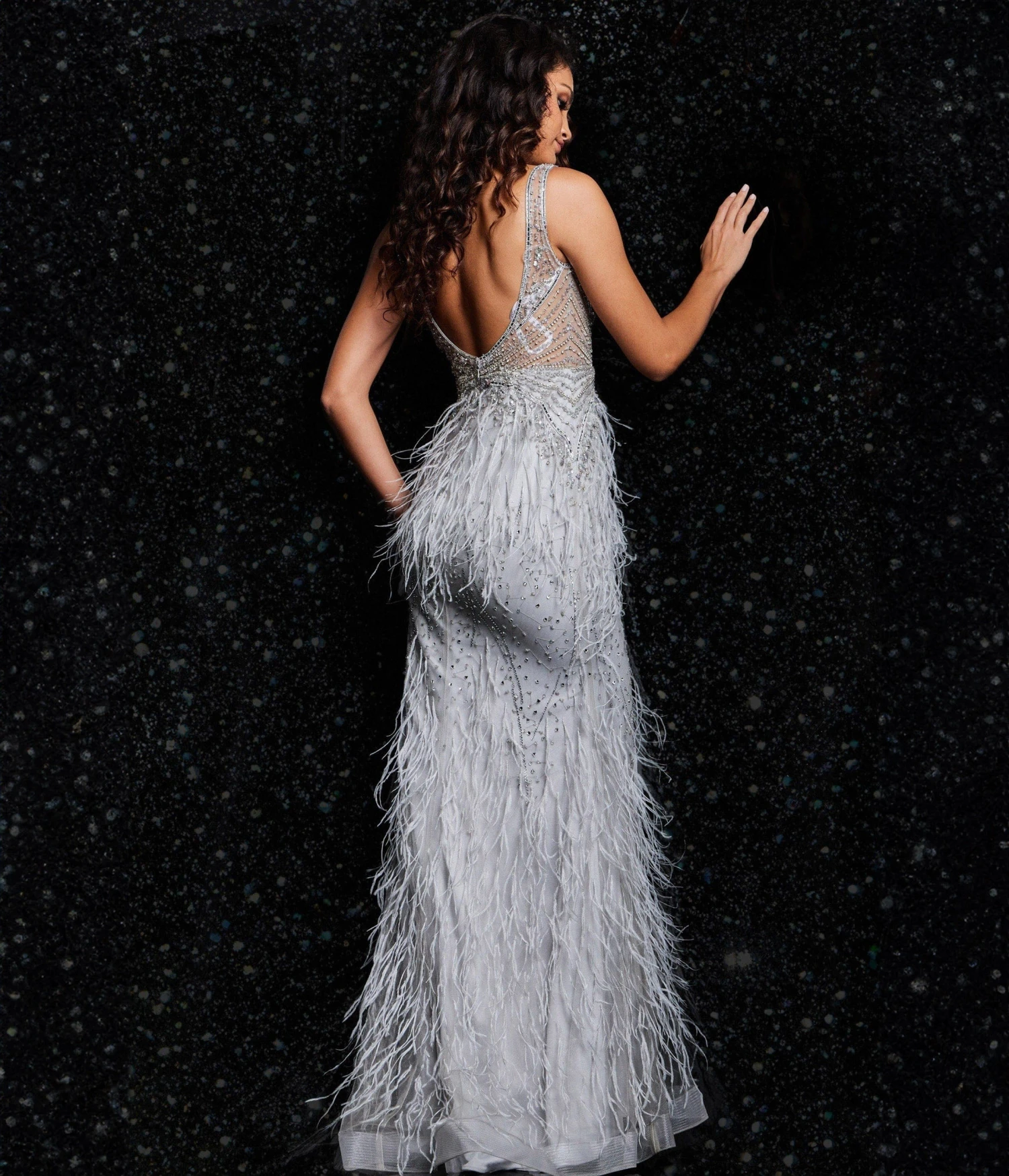 Jovani Grey & Silver Feather Embellished Evening Gown 4 Jovani Grey & Silver Feather Embellished Evening Gown - Image 4