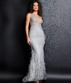 Jovani Grey & Silver Feather Embellished Evening Gown 6 Jovani Grey & Silver Feather Embellished Evening Gown -New Dress Store grey silver feather embellished evening gown 593314