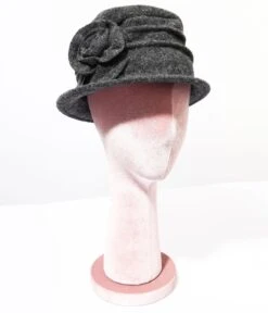 Grey Wool Rose Bud Cloche Hat