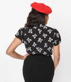 Hell Bunny Black & White Bow Print Bobbie Blouse -New Dress Store hell bunny black white bow print bobbie blouse 392740
