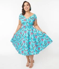 Hell Bunny Blue & Pink Floral Louella Dress