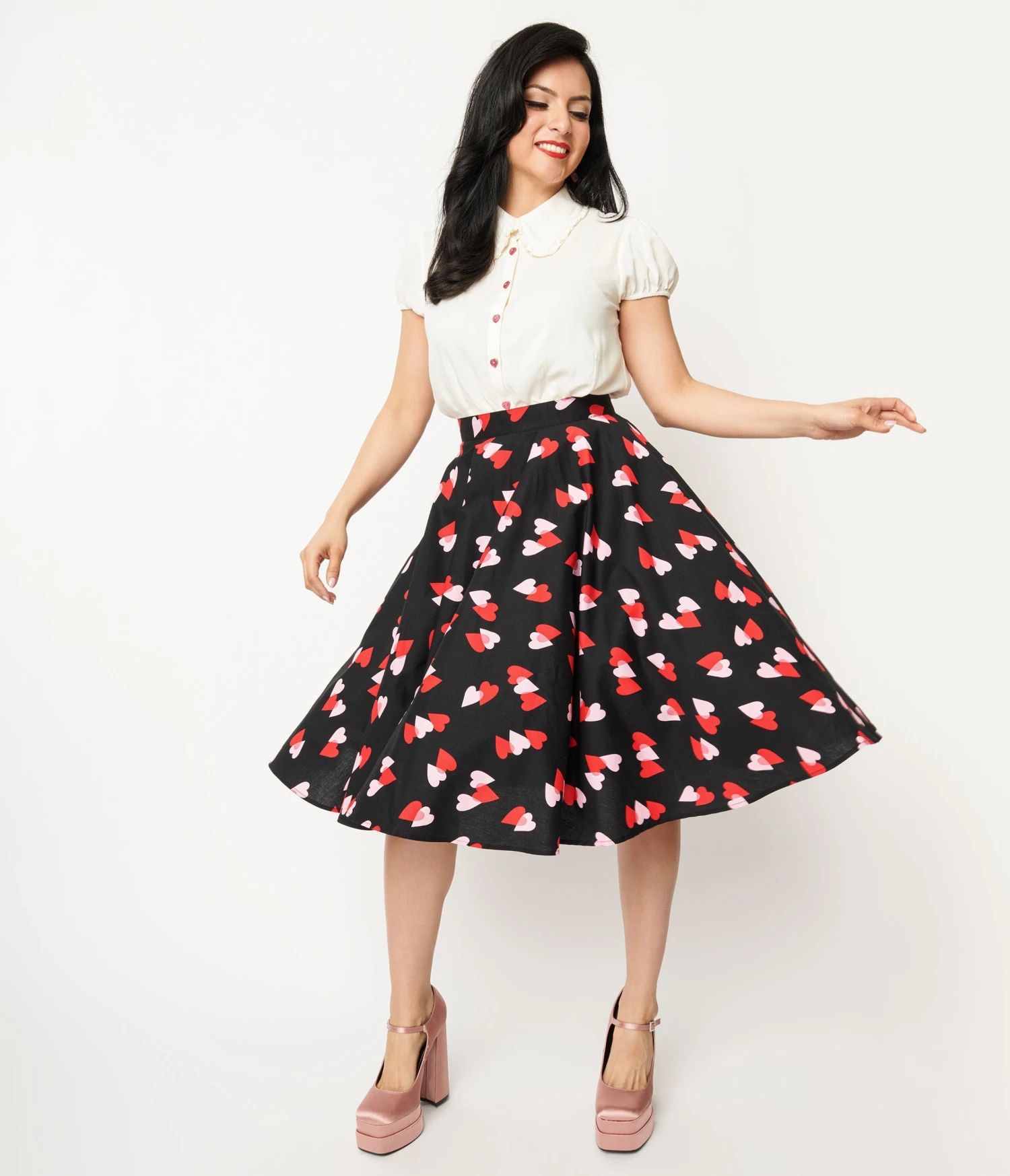 Hell Bunny Pink & Red Heart Confetti Swing Skirt 1 Hell Bunny Pink & Red Heart Confetti Swing Skirt
