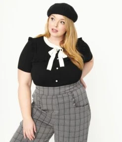 Hell Bunny Plus Size Black & White Collar Colette Blouse