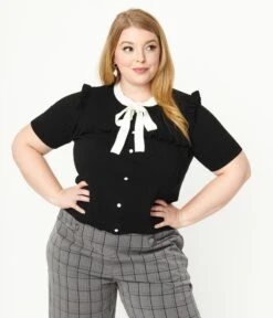Hell Bunny Plus Size Black & White Collar Colette Blouse -New Dress Store hell bunny plus size black white collar colette blouse 731658