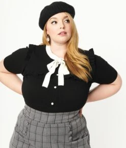 Hell Bunny Plus Size Black & White Collar Colette Blouse -New Dress Store hell bunny plus size black white collar colette blouse 889346