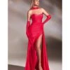 Cinderella Divine Hot Coral Satin Strapless Prom Gown With Gloves