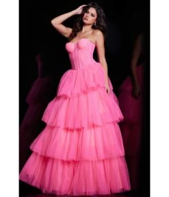 Jovani Hot Pink Tulle Corset Bodice Ballgown