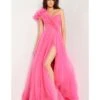 Jovani Hot Pink Tulle One Shoulder Slit Ballgown