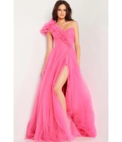 Jovani Hot Pink Tulle One Shoulder Slit Ballgown