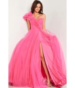 Jovani Hot Pink Tulle One Shoulder Slit Ballgown 6 Jovani Hot Pink Tulle One Shoulder Slit Ballgown -New Dress Store hot pink tulle one shoulder slit ballgown 879930