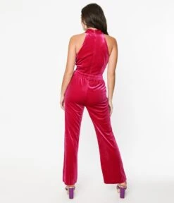 Hot Pink Velvet Halter Jumpsuit -New Dress Store hot pink velvet halter jumpsuit 665471