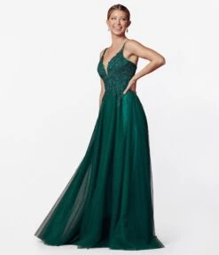 Hunter Green Floral & Tulle Prom Ball Gown