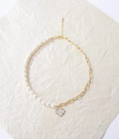 Ivory Clover Pearl & Gold Chain Link Necklace -New Dress Store ivory clover pearl gold chain link necklace 547016