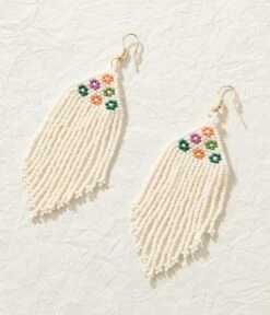 Ivory Floral Seed Triangular Beaded Fringe Drop Earrings