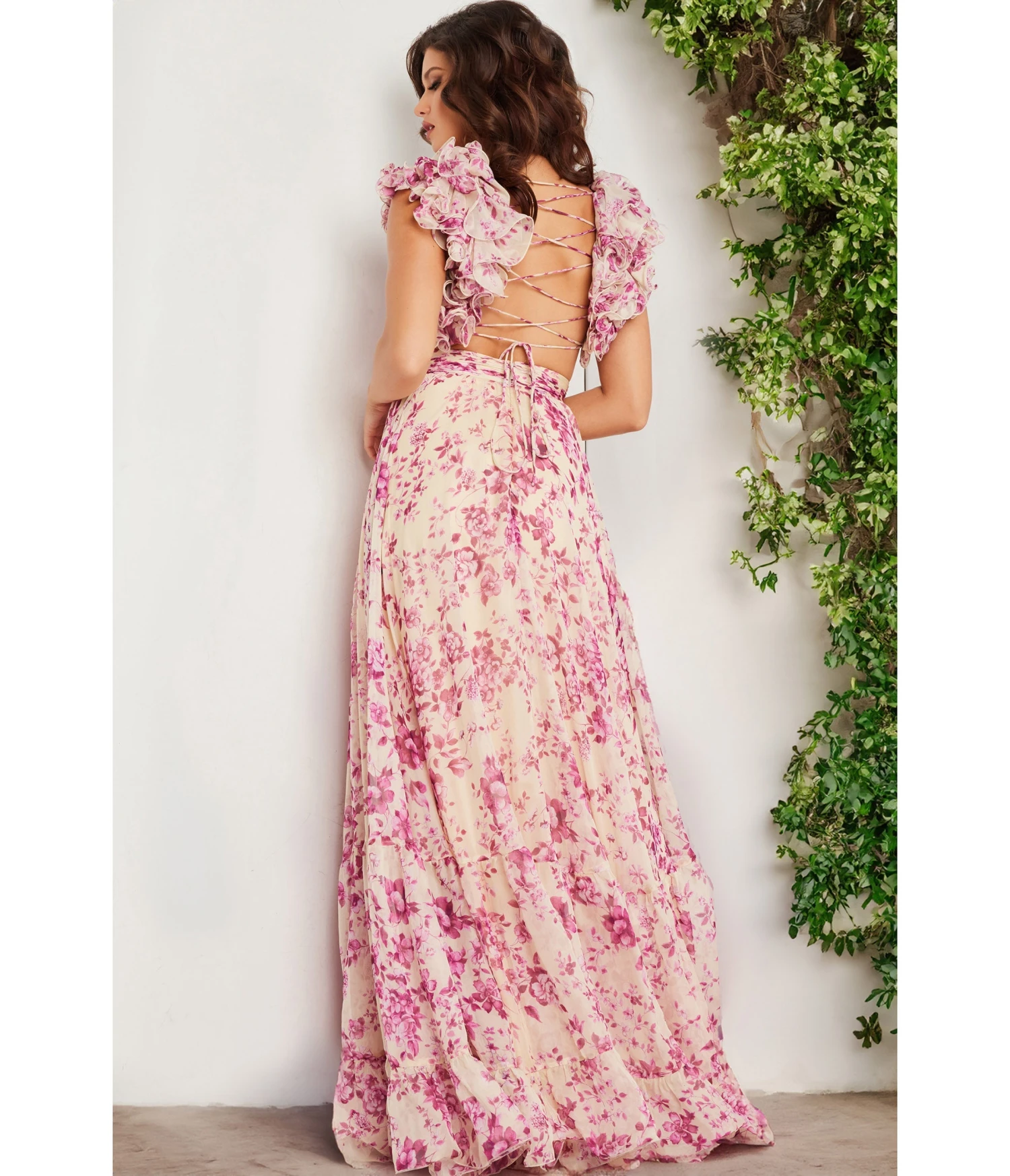 Jovani Ivory & Rose Print Ruffled Maxi Gown 2 Jovani Ivory & Rose Print Ruffled Maxi Gown - Image 2