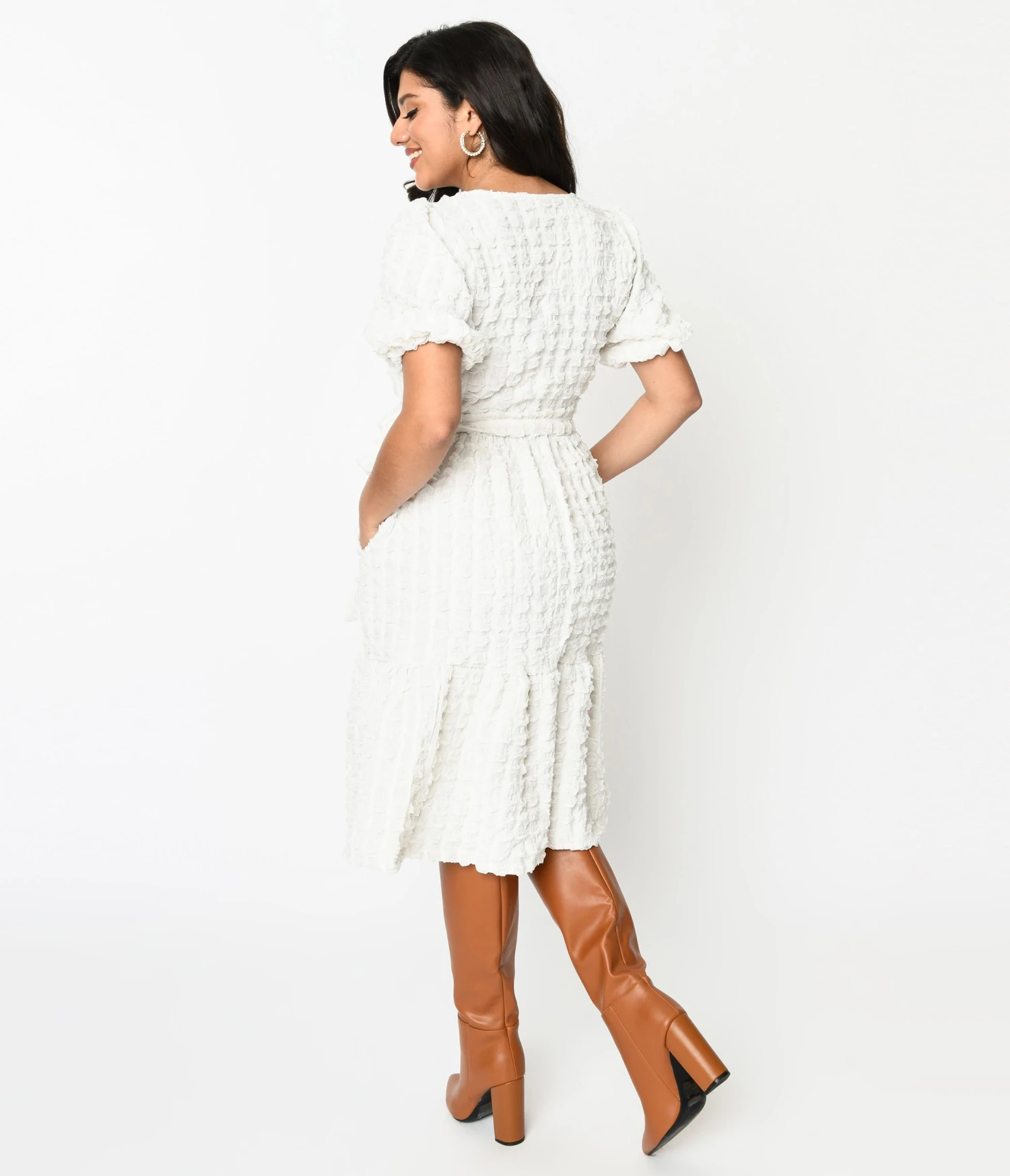 Ivory Textured Smock Fit & Flare Dress 3 Ivory Textured Smock Fit & Flare Dress - Image 3