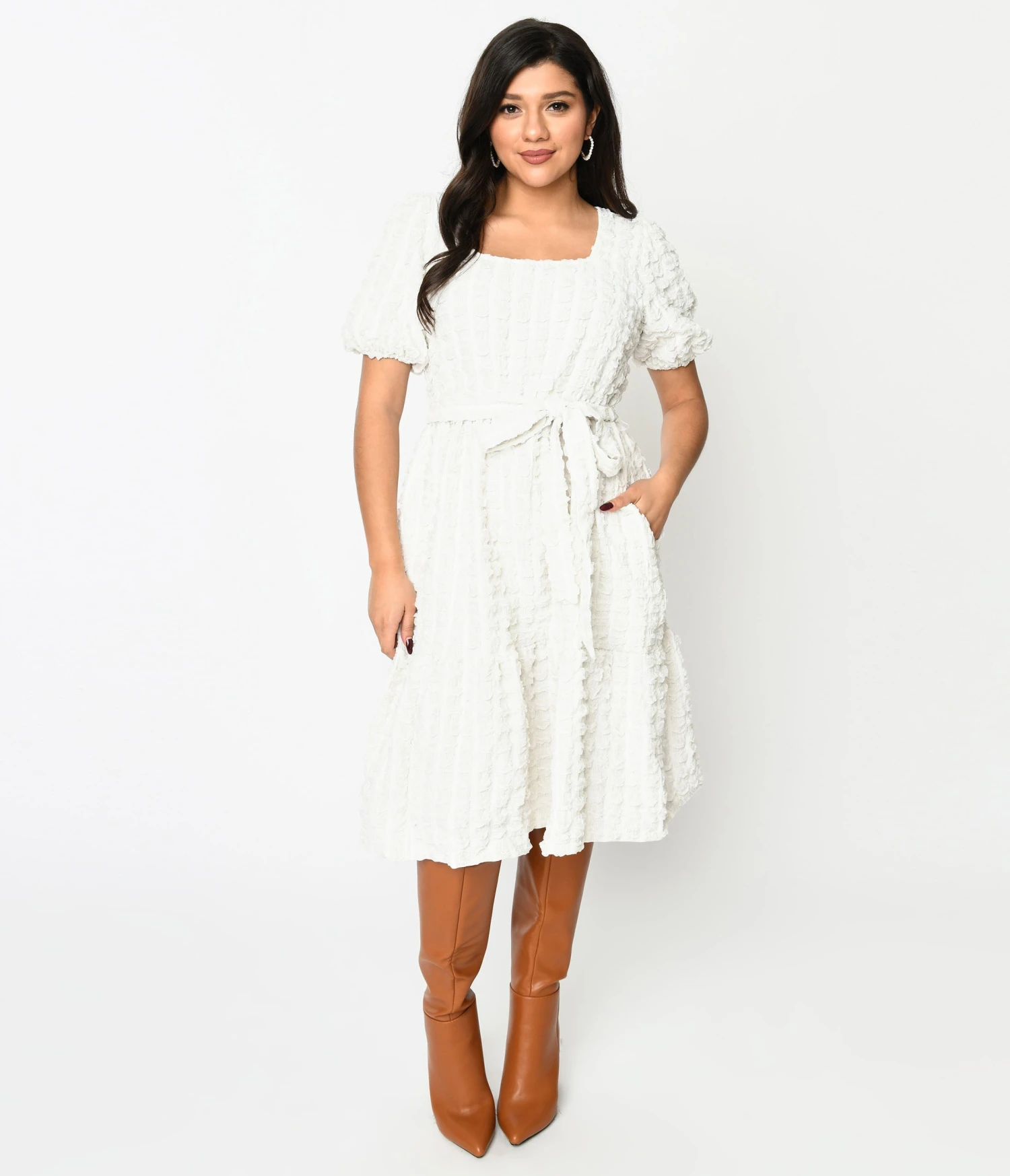 Ivory Textured Smock Fit & Flare Dress 1 Ivory Textured Smock Fit & Flare Dress