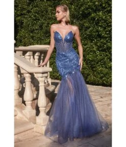 Cinderella Divine Lapis Blue Beaded Sequin Strapless Mermaid Prom Dress