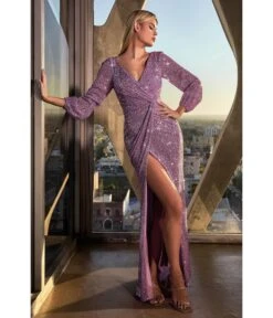 Cinderella Divine Lavender Sequin Long Sleeve Slit Evening Gown