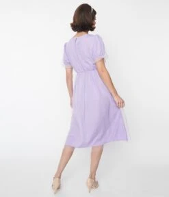 Lavender & White Pin Dot Mesh Overlay Midi Dress -New Dress Store lavender white pin dot mesh overlay midi dress 802650