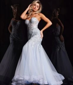 Jovani Light Blue Floral Embroidered Corset Mermaid Prom Dress